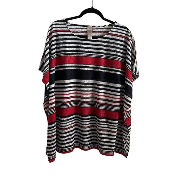 Chicos Women S/M Red White Blue Striped Sheer Lace Oversized Poncho Blouse - Picture 1 of 8